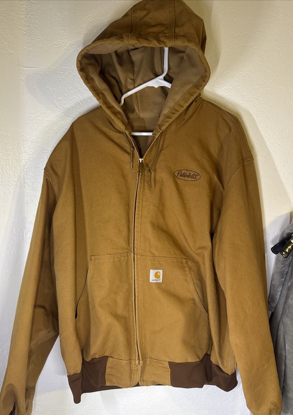 CARHARTT Mens 2X Hooded Canvas Jacket XXL Quilted Heavy Peterbilt Logo Warm Work
